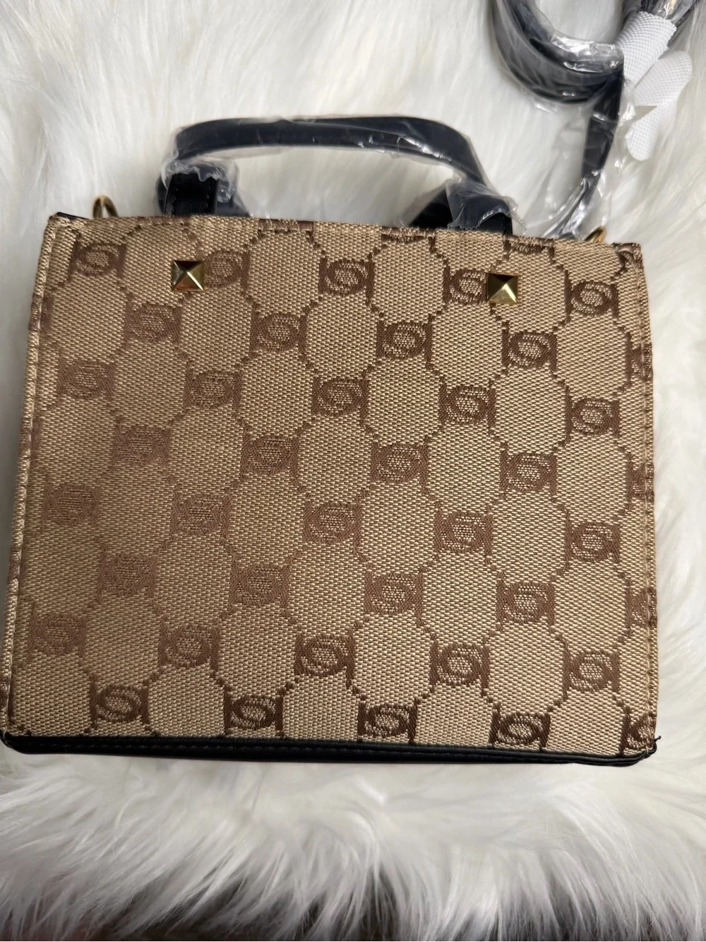 bebe Beige Logo Satchel with Patterned Canvas